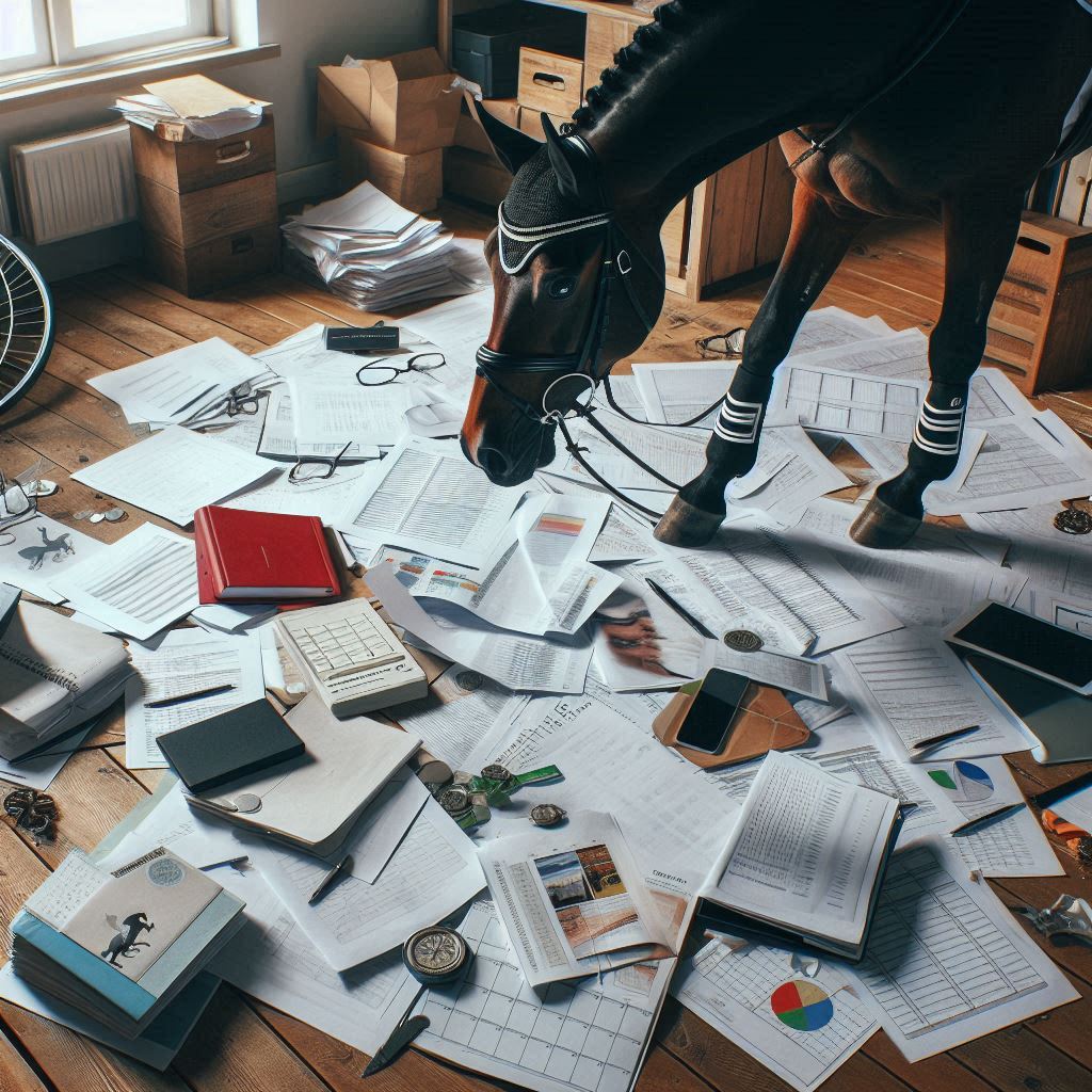 Horse looking at paperwork in an office